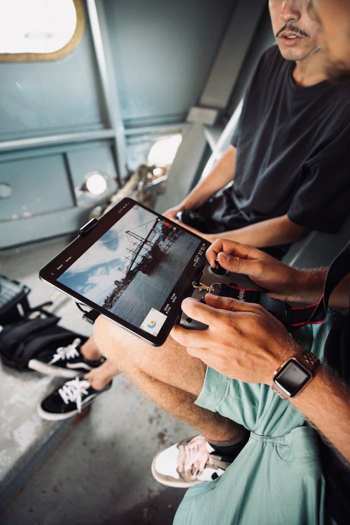 Two adults using a tablet to control a drone indoors, showcasing technology and coordination.